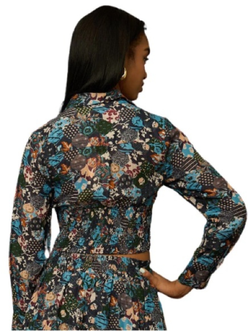 Love The Label XS Floral Patchwork Button-Front Crop Blouse - Teal & Black - Picture 2 of 9